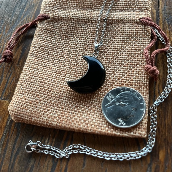 Genuine Black Obsidian Necklace Black Obsidian Moon Necklace Obsidian Pendant - Picture 2 of 2